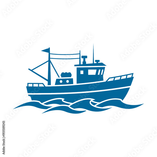 Blue Fishing Boat Illustration on White Background.