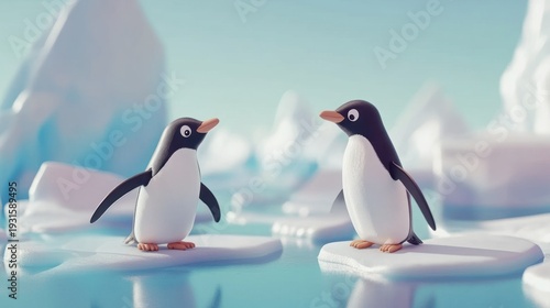 Two adorable cartoon penguins stand on icy floes in a serene arctic landscape.  Soft pastel colors and simple shapes create a charming and whimsical scene