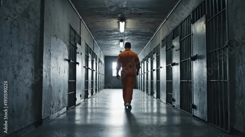 Prisoner Walks Down a Dark Hallway in a Correctional Facility.
