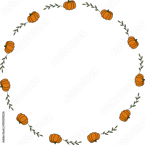 Round frame with autumn creative doodle pumpkin on white background.eps