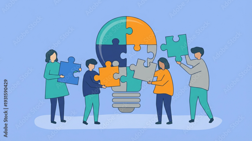 Naklejka premium Vector illustration of people building a puzzle light bulb