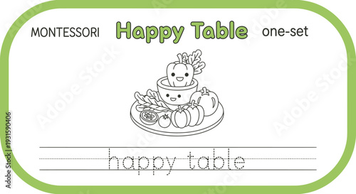 Montessori Happy Table Coloring Page for Kids: Vegetables and Fruits