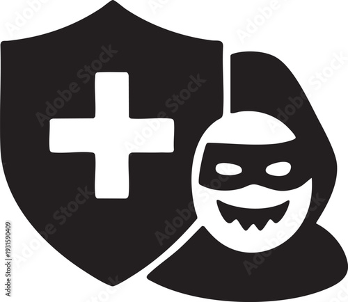 A shield with a cross and a masked robber icon, symbolizing protection against theft or crime.