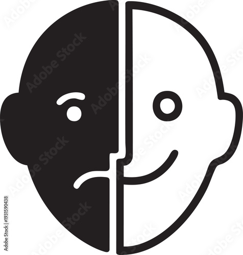 Split face showing contrasting emotions, happy on one side and sad on the other, representing mood swings or dual personality.