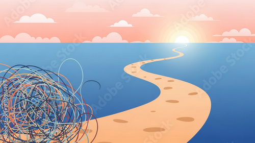 Vector illustration of tangled lines on a serene beach at sunset