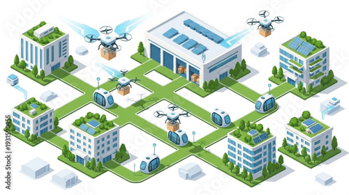 Vector illustration of a futuristic smart city with drones and green buildings