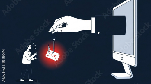 Vector illustration of phishing concept with hand holding hook