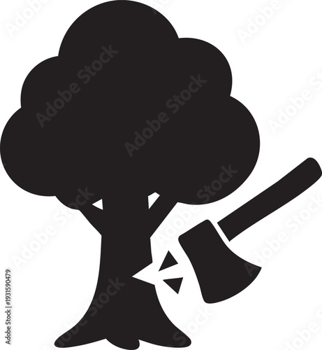 An axe striking a tree, symbolizing deforestation, logging, or environmental destruction.