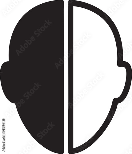 A split head icon, divided in black and white halves, representing contrasting ideas, personalities, or the subconscious mind.