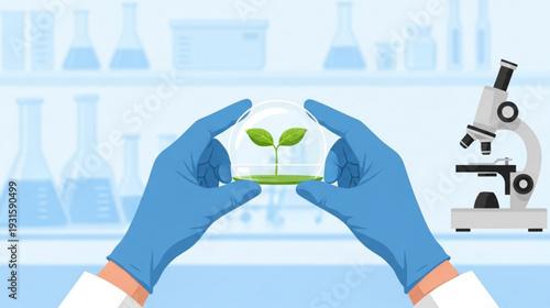 Vector illustration of hands in lab gloves holding a petri dish with a plant