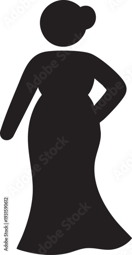 Elegant silhouette of a woman in a long formal gown, black and white vector art representing sophistication and style