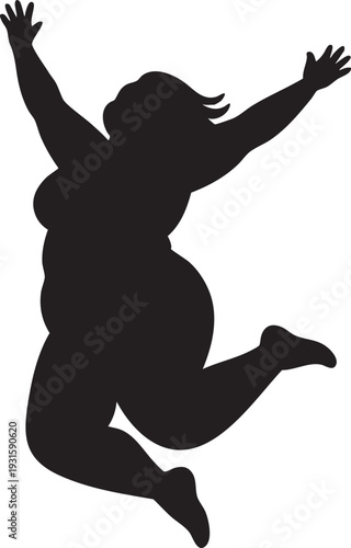 Joyful silhouette of a plus-size woman jumping with arms raised, black and white vector illustration for body positivity and freedom