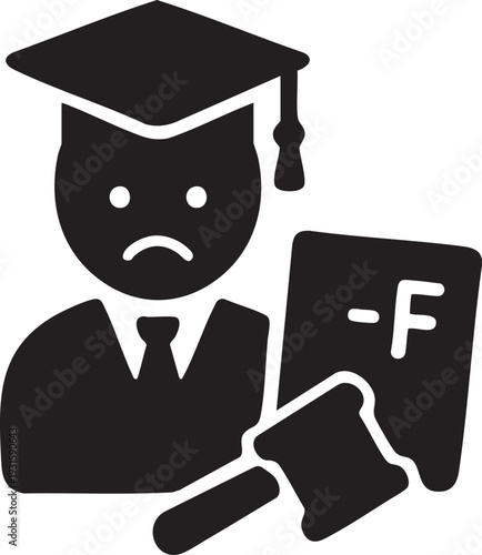 Sad student with graduation cap and gown receiving an F grade, black and white icon for academic failure and disappointment