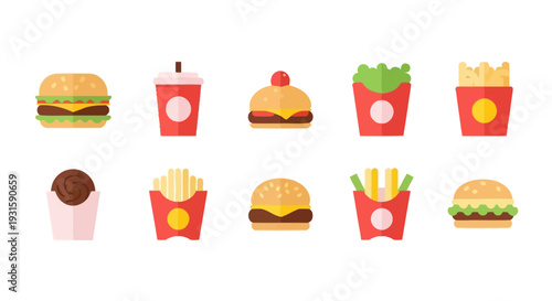 A colorful variety of fast food items are arranged on a table.