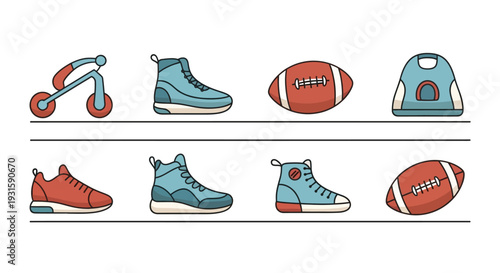 A collection of sports equipment and shoes on display