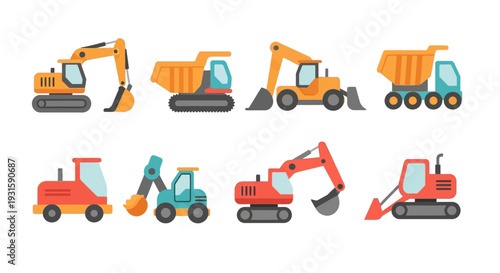 Heavy machinery vehicles are parked on a flat surface in a construction site