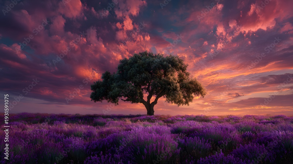 Fototapeta premium Majestic solitary oak tree stands proudly in the center of an endless vibrant purple lavender field beneath a vividly colorful evening sky.