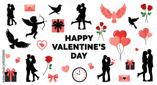 Happy Valentine's Day Elements: Romantic Couples Silhouettes, Cupid, Roses, Hearts, Balloons, Gifts & Doves Collection