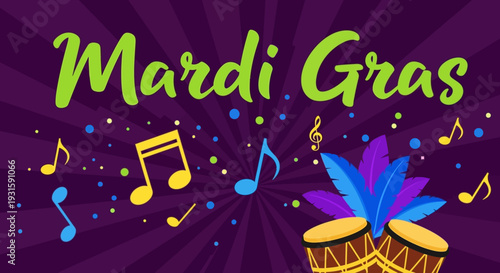 Vibrant Mardi Gras Celebration Illustration with Musical Notes, Feathers, and Drums on a Purple Background