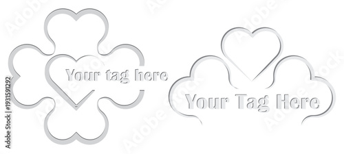 Minimalist white cloud and heart shaped logo templates with placeholder text for creative brand identity.