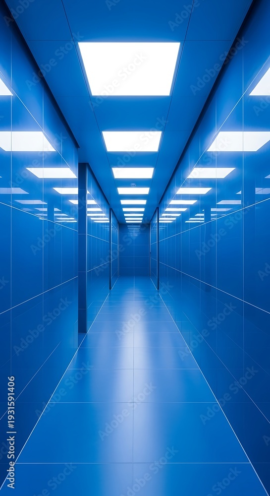Obraz premium Symmetrical interior corridor glows with intense blue illumination and bright overhead lighting