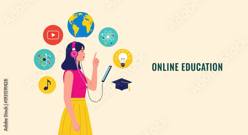 Online Education and E-Learning Concept. Young Woman Learning Remotely with Digital Resources and Diverse Subject Icons for Modern Study.