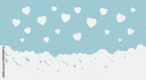 Dreamy Paper Cut Hearts and Clouds on Blue Sky Background