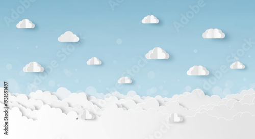 Serene Paper Cut Clouds in Blue Sky Background with Subtle Bokeh. Digital art illustration.