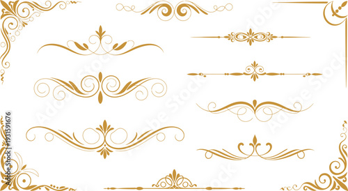 Golden vintage ornament divider set, elegant decorative flourish elements, luxury border lines, wedding invitation vector illustration design collection