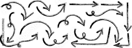 A complex arrangement of arrows in a seemingly random pattern on a white background with various directional indicators