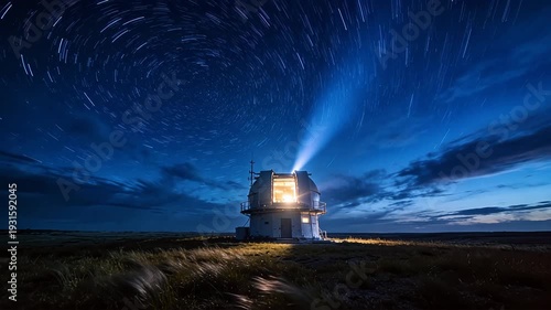 Star trails rotating over night sky with observatory station and light beams