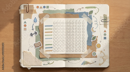Habit Tracker Plan Scrapbook Handmade Collage Template with Blank Checkboxes Sticker Icons and Torn Paper for Routine Planning.