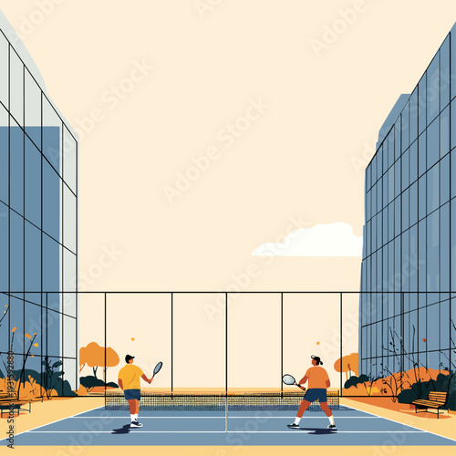 Outdoor Padel Court Rally Vector Scene