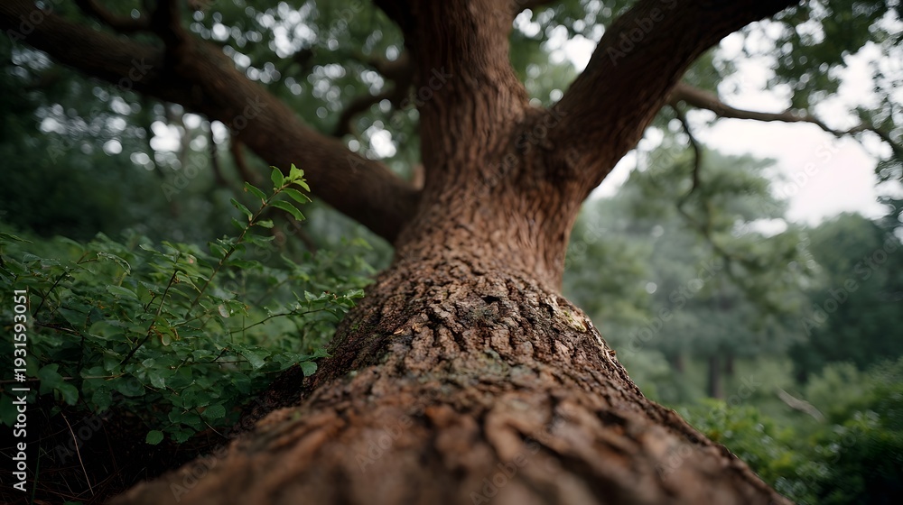 Fototapeta premium A detailed low angle view of a rough tree trunk with softly blurred forest foliage in the background