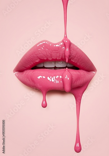 Womans lips with pink liquid lipstick dripping down  beauty makeup concept