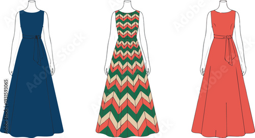 Elegant sleeveless summer dress collection with cut-out waist, drawstring accents, flowy skirts, geometric prints, flat vector illustration