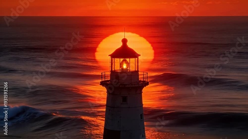 Lighthouse by the sea with large orange sun and waves