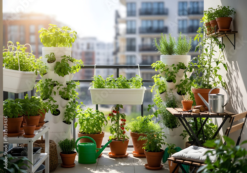 Urban balcony garden with potted herbs and vegetables