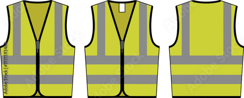 High-visibility safety vests in bright yellow with reflective stripes, front and back view, protective workwear flat vector illustration