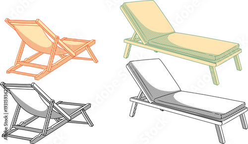 set of outdoor relaxation furniture featuring deck chairs and sun loungers in a classic vintage etching style.for summer-themed designs, beach resort branding, and retro travel posters.