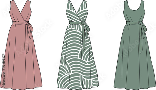 Minimal vector illustration of sleeveless dresses with wrap bodice, waist tie, V-neckline, scoop neck, geometric patterns, fashion CAD drawing
