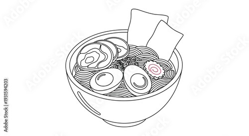 Line drawing of a bowl of ramen with egg nori and swirled noodles
