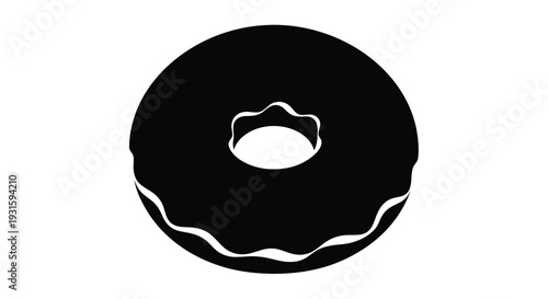 Simple black and white illustration of a single donut with a bite taken out