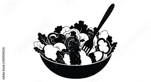 A black and white illustration of a fresh salad in a bowl with utensils