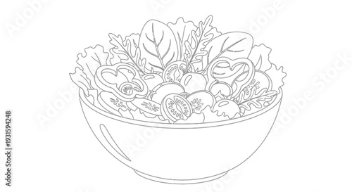 Line drawing of a salad in a bowl featuring lettuce onions and tomatoes