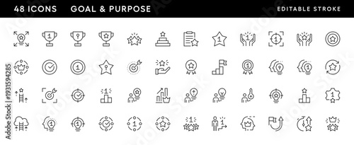 Goal and purpose icon collection. Business values, productivity, vision, success, innovation, consistency, achievement, focus and more. Editable stroke. Pixel Perfect. Grid base 32 x 32.