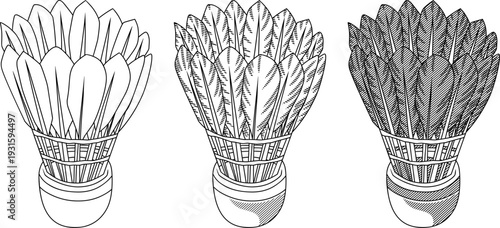 set of badminton shuttlecocks illustrated in a classic vintage etching style.for retro sports logos, tournament posters, athletic apparel design, and nostalgic sporting goods branding.
