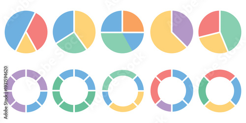 circle division infographic icon set, showcasing round pie charts and donut charts with segmented wheel fractions, isolated vector illustrations on white background for business analytics, financial r