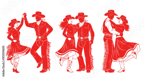 Energetic Country Western Dance Couples Vector Illustration - Cowboy and Cowgirl Dancing Silhouettes
