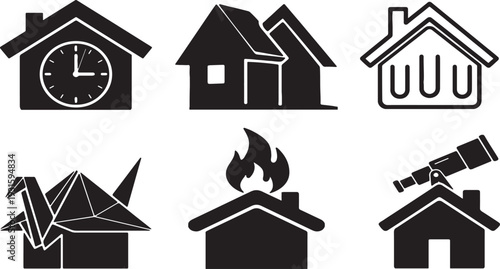 A set of six black and white house icons depicting various states of damage and observation